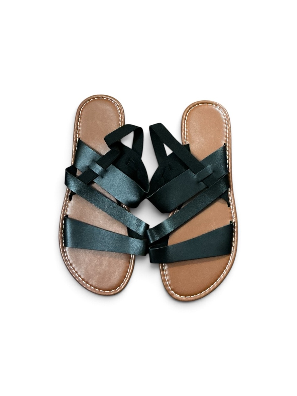 Black Strappy Leather Slide Sandals - Women